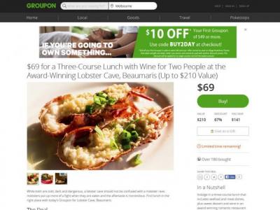 Lobster Cave餐厅双人龙虾午餐团购价只要$69原价$210